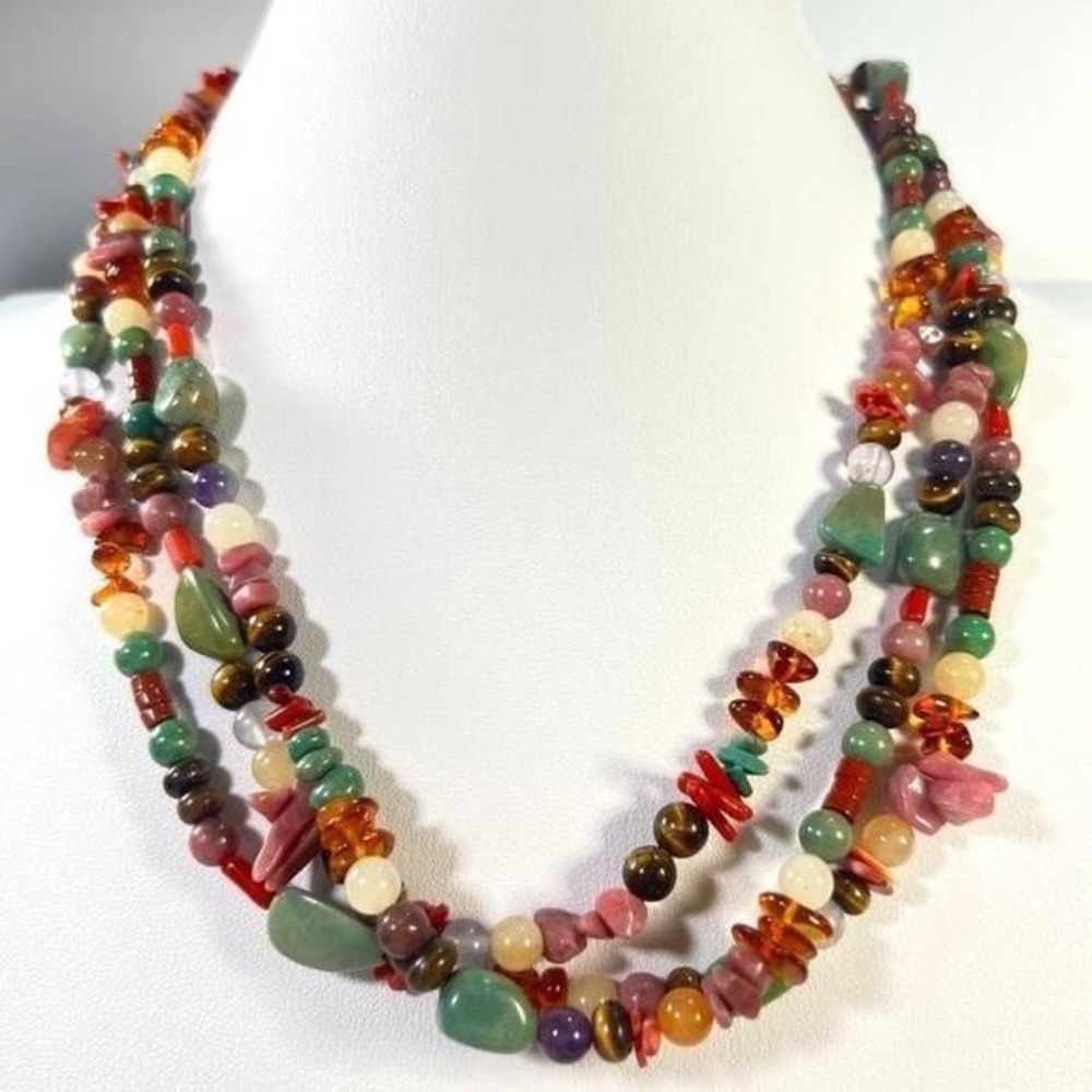 Vintage Sterling Silver Semi Precious Gem Necklace 3 Strand Natural Beads‎